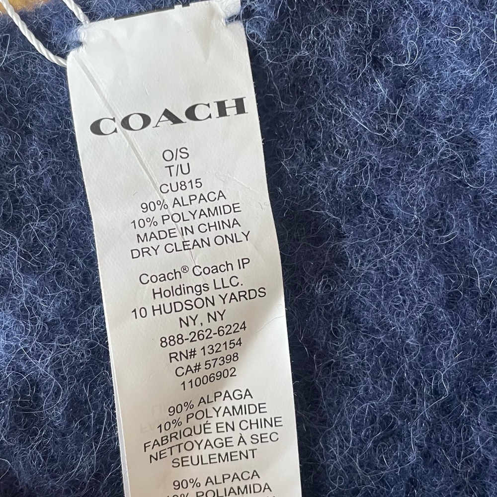 Coach Muffler Navy Deep Blue Rubber Patch Alpaca Textured Fringe Scarf NEW - Picture 6 of 7